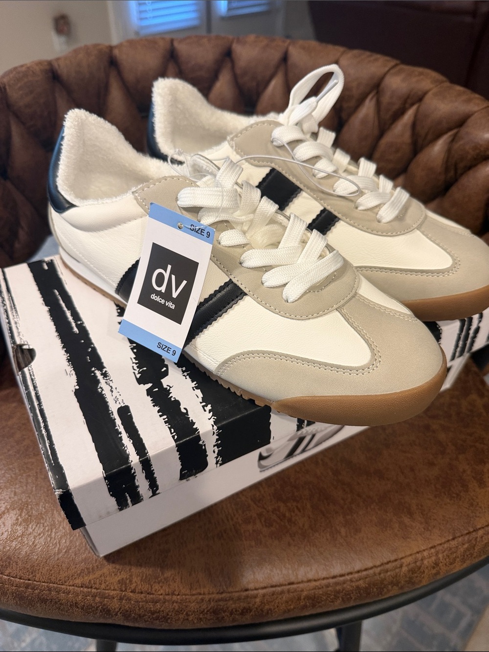 Dolce Vita White Beige Black Lace-Up Sneakers with Gum Sole